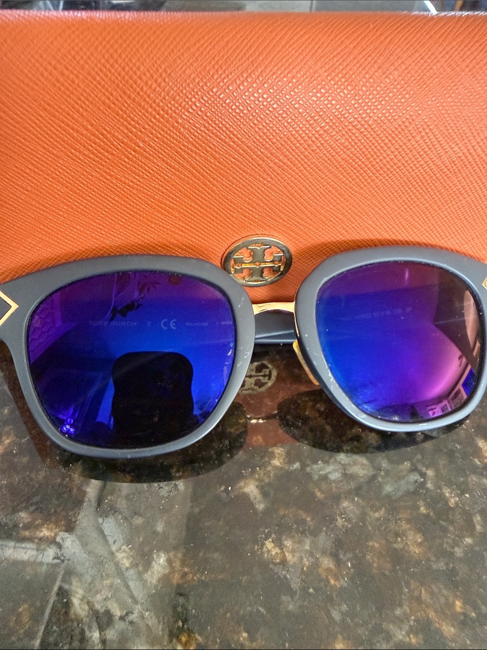 Tory Burch Black Sunglasses with Blue Mirrored Lenses
